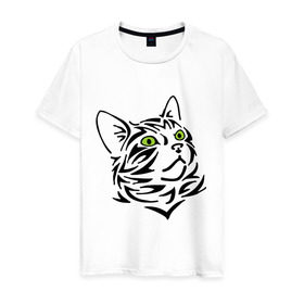 Мужская футболка хлопок с принтом Узор - кот в Екатеринбурге, 100% хлопок | прямой крой, круглый вырез горловины, длина до линии бедер, слегка спущенное плечо. | глаза | киска | кот с зеленными глазами | кошки | силуэт  кота | узор   кот