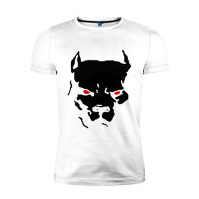 Мужская футболка премиум с принтом Стаффордширский терьер в Екатеринбурге, 92% хлопок, 8% лайкра | приталенный силуэт, круглый вырез ворота, длина до линии бедра, короткий рукав | media | глаза | животные | красные глаза | пес | прикольные картинки | собака | старфорширдский терьер