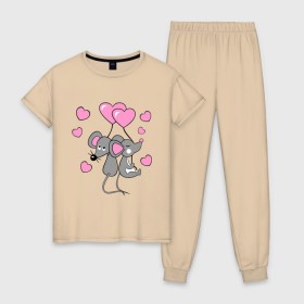 Женская пижама хлопок с принтом Влюбленные мышкі в Екатеринбурге, 100% хлопок | брюки и футболка прямого кроя, без карманов, на брюках мягкая резинка на поясе и по низу штанин | влюбленные мышка | девушкам | красивые рисунки | мышки | сердечки