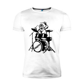 Мужская футболка премиум с принтом Обезьяна с барабанами в Екатеринбурге, 92% хлопок, 8% лайкра | приталенный силуэт, круглый вырез ворота, длина до линии бедра, короткий рукав | барабан | музыка | обезьяна с барабанами | разное