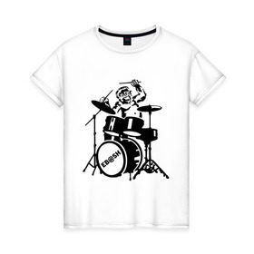 Женская футболка хлопок с принтом Обезьяна с барабанами в Екатеринбурге, 100% хлопок | прямой крой, круглый вырез горловины, длина до линии бедер, слегка спущенное плечо | барабан | музыка | обезьяна с барабанами | разное