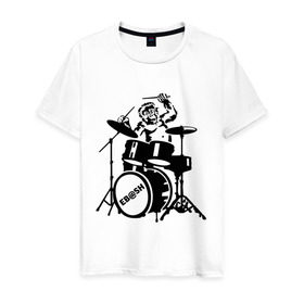 Мужская футболка хлопок с принтом Обезьяна с барабанами в Екатеринбурге, 100% хлопок | прямой крой, круглый вырез горловины, длина до линии бедер, слегка спущенное плечо. | барабан | музыка | обезьяна с барабанами | разное