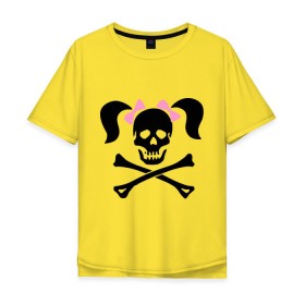 Мужская футболка хлопок Oversize с принтом Девочка пиратка в Екатеринбурге, 100% хлопок | свободный крой, круглый ворот, “спинка” длиннее передней части | бантики | девочка | череп | череп с  хвостиками | череп с бантиками