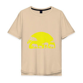 Мужская футболка хлопок Oversize с принтом Слоники в Екатеринбурге, 100% хлопок | свободный крой, круглый ворот, “спинка” длиннее передней части | африканский | африканское солнце | животные | слоны  на фоне солнца | солнце | этнический
