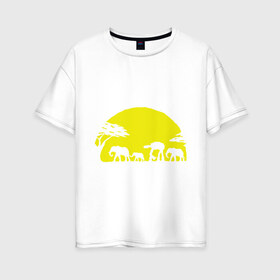 Женская футболка хлопок Oversize с принтом Слоники в Екатеринбурге, 100% хлопок | свободный крой, круглый ворот, спущенный рукав, длина до линии бедер
 | африканский | африканское солнце | животные | слоны  на фоне солнца | солнце | этнический