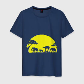 Мужская футболка хлопок с принтом Слоники в Екатеринбурге, 100% хлопок | прямой крой, круглый вырез горловины, длина до линии бедер, слегка спущенное плечо. | Тематика изображения на принте: африканский | африканское солнце | животные | слоны  на фоне солнца | солнце | этнический