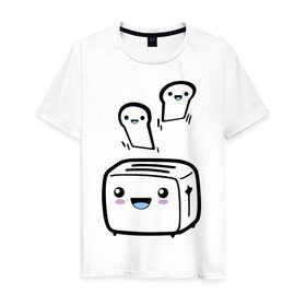 Мужская футболка хлопок с принтом Позитивный тостер в Екатеринбурге, 100% хлопок | прямой крой, круглый вырез горловины, длина до линии бедер, слегка спущенное плечо. | бутерброд | гренки | еда | позитив | позитивный тостер | смайл | тостер | хлеб