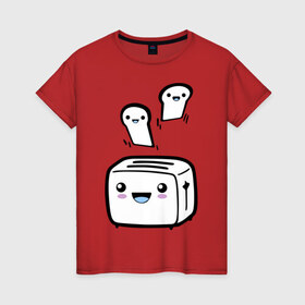 Женская футболка хлопок с принтом Позитивный тостер в Екатеринбурге, 100% хлопок | прямой крой, круглый вырез горловины, длина до линии бедер, слегка спущенное плечо | бутерброд | гренки | еда | позитив | позитивный тостер | смайл | тостер | хлеб