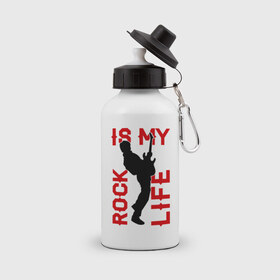 Бутылка спортивная с принтом Rock is my life (Рок-это моя жизнь) в Екатеринбурге, металл | емкость — 500 мл, в комплекте две пластиковые крышки и карабин для крепления | rock | рок