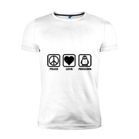 Мужская футболка премиум с принтом Peace Love Penguins (мир, любовь, пингвины) в Екатеринбурге, 92% хлопок, 8% лайкра | приталенный силуэт, круглый вырез ворота, длина до линии бедра, короткий рукав | peace love penguins | животные | любовь | мир | пингвины