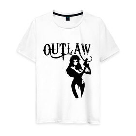Мужская футболка хлопок с принтом Outlaw (вне закона) в Екатеринбурге, 100% хлопок | прямой крой, круглый вырез горловины, длина до линии бедер, слегка спущенное плечо. | outlaw | вне закона | выстрел | девушка | оружие | прикольные картинки