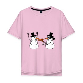Мужская футболка хлопок Oversize с принтом Снеговик грабитель в Екатеринбурге, 100% хлопок | свободный крой, круглый ворот, “спинка” длиннее передней части | идеи подарков | с новым годом | снеговик грабитель | снеговики | снеговики бандиты | фен