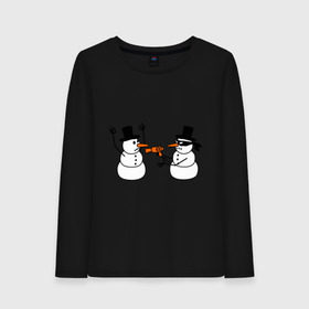 Женский лонгслив хлопок с принтом Снеговик грабитель в Екатеринбурге, 100% хлопок |  | идеи подарков | с новым годом | снеговик грабитель | снеговики | снеговики бандиты | фен