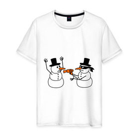 Мужская футболка хлопок с принтом Снеговик грабитель в Екатеринбурге, 100% хлопок | прямой крой, круглый вырез горловины, длина до линии бедер, слегка спущенное плечо. | идеи подарков | с новым годом | снеговик грабитель | снеговики | снеговики бандиты | фен