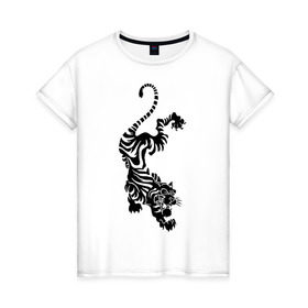 Женская футболка хлопок с принтом Тигр в японском стиле в Екатеринбурге, 100% хлопок | прямой крой, круглый вырез горловины, длина до линии бедер, слегка спущенное плечо | животные | зубы | нападения | тигр | тигр в японском стиле | японский стиль