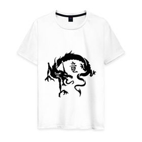 Мужская футболка хлопок с принтом Дракон в японском стиле в Екатеринбурге, 100% хлопок | прямой крой, круглый вырез горловины, длина до линии бедер, слегка спущенное плечо. | Тематика изображения на принте: дракон | дракон в японском стиле | монстры | привидения и дьяволы | японский стиль