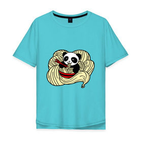 Мужская футболка хлопок Oversize с принтом панда ест лапшу в Екатеринбурге, 100% хлопок | свободный крой, круглый ворот, “спинка” длиннее передней части | панда