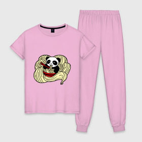 Женская пижама хлопок с принтом панда ест лапшу в Екатеринбурге, 100% хлопок | брюки и футболка прямого кроя, без карманов, на брюках мягкая резинка на поясе и по низу штанин | панда