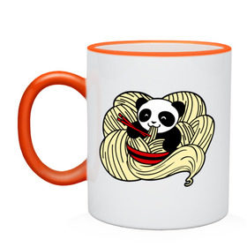 Кружка двухцветная с принтом панда ест лапшу в Екатеринбурге, керамика | объем — 330 мл, диаметр — 80 мм. Цветная ручка и кайма сверху, в некоторых цветах — вся внутренняя часть | панда
