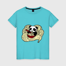 Женская футболка хлопок с принтом панда ест лапшу в Екатеринбурге, 100% хлопок | прямой крой, круглый вырез горловины, длина до линии бедер, слегка спущенное плечо | панда