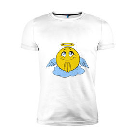 Мужская футболка премиум с принтом Ангел смайл в Екатеринбурге, 92% хлопок, 8% лайкра | приталенный силуэт, круглый вырез ворота, длина до линии бедра, короткий рукав | smile. улыбка | ангел смайл | безумный смайл | позитив и смайлы | псих | смайл | смайлик