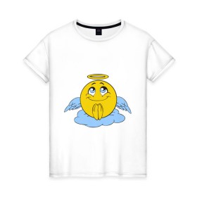 Женская футболка хлопок с принтом Ангел смайл в Екатеринбурге, 100% хлопок | прямой крой, круглый вырез горловины, длина до линии бедер, слегка спущенное плечо | smile. улыбка | ангел смайл | безумный смайл | позитив и смайлы | псих | смайл | смайлик