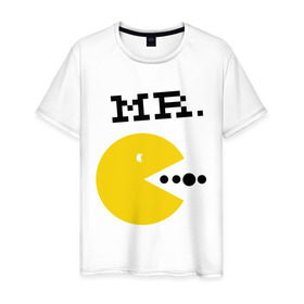 Мужская футболка хлопок с принтом Mистер Pac-Man (парная) в Екатеринбурге, 100% хлопок | прямой крой, круглый вырез горловины, длина до линии бедер, слегка спущенное плечо. | Тематика изображения на принте: 