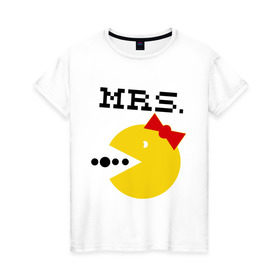 Женская футболка хлопок с принтом Миссис Pac-man (парная) в Екатеринбурге, 100% хлопок | прямой крой, круглый вырез горловины, длина до линии бедер, слегка спущенное плечо | 14 февраля | : парные | для двоих | миссис pac man