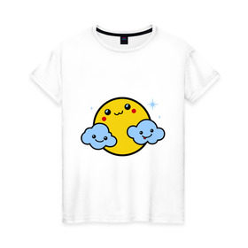 Женская футболка хлопок с принтом Солнышко с облаками в Екатеринбурге, 100% хлопок | прямой крой, круглый вырез горловины, длина до линии бедер, слегка спущенное плечо | позитив и смайлы | прикольные картинки | солнышко с облаками