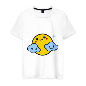 Мужская футболка хлопок с принтом Солнышко с облаками в Екатеринбурге, 100% хлопок | прямой крой, круглый вырез горловины, длина до линии бедер, слегка спущенное плечо. | позитив и смайлы | прикольные картинки | солнышко с облаками
