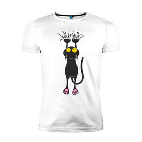 Мужская футболка премиум с принтом Висящий кот в Екатеринбурге, 92% хлопок, 8% лайкра | приталенный силуэт, круглый вырез ворота, длина до линии бедра, короткий рукав | висящий кот | когти | котик | котяра | кошки | милый кот | повис | черный кот