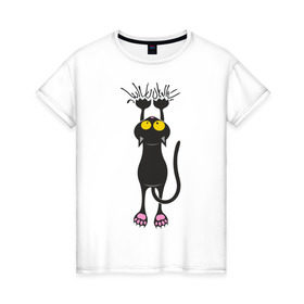 Женская футболка хлопок с принтом Висящий кот в Екатеринбурге, 100% хлопок | прямой крой, круглый вырез горловины, длина до линии бедер, слегка спущенное плечо | висящий кот | когти | котик | котяра | кошки | милый кот | повис | черный кот