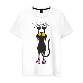 Мужская футболка хлопок с принтом Висящий кот в Екатеринбурге, 100% хлопок | прямой крой, круглый вырез горловины, длина до линии бедер, слегка спущенное плечо. | Тематика изображения на принте: висящий кот | когти | котик | котяра | кошки | милый кот | повис | черный кот