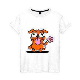 Женская футболка хлопок с принтом собачка с цветочком в Екатеринбурге, 100% хлопок | прямой крой, круглый вырез горловины, длина до линии бедер, слегка спущенное плечо | животное | любовь | милый песик | песик | собачка с цветочком | цветок