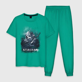 Мужская пижама хлопок с принтом STALKER в Екатеринбурге, 100% хлопок | брюки и футболка прямого кроя, без карманов, на брюках мягкая резинка на поясе и по низу штанин
 | shooter | stalker | постапокалиптические | припять | радиация | сталкер | чернобыль | шутер
