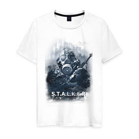 Мужская футболка хлопок с принтом STALKER в Екатеринбурге, 100% хлопок | прямой крой, круглый вырез горловины, длина до линии бедер, слегка спущенное плечо. | shooter | stalker | постапокалиптические | припять | радиация | сталкер | чернобыль | шутер