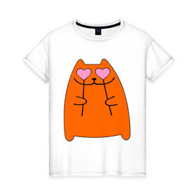 Женская футболка хлопок с принтом кот с сердечками парная женская в Екатеринбурге, 100% хлопок | прямой крой, круглый вырез горловины, длина до линии бедер, слегка спущенное плечо | 14 февраля | для двоих | киска | кот с сердечками парная женская | парные