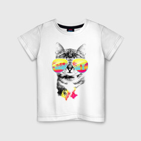 Детская футболка хлопок с принтом Солнечный кот в Екатеринбурге, 100% хлопок | круглый вырез горловины, полуприлегающий силуэт, длина до линии бедер | киска | кот | лето | отпуск | очки | пляж | солнечный кот | турист