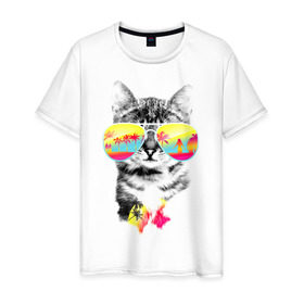 Мужская футболка хлопок с принтом Солнечный кот в Екатеринбурге, 100% хлопок | прямой крой, круглый вырез горловины, длина до линии бедер, слегка спущенное плечо. | Тематика изображения на принте: киска | кот | лето | отпуск | очки | пляж | солнечный кот | турист