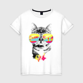 Женская футболка хлопок с принтом Солнечный кот в Екатеринбурге, 100% хлопок | прямой крой, круглый вырез горловины, длина до линии бедер, слегка спущенное плечо | киска | кот | лето | отпуск | очки | пляж | солнечный кот | турист