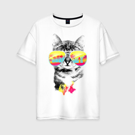Женская футболка хлопок Oversize с принтом Солнечный кот в Екатеринбурге, 100% хлопок | свободный крой, круглый ворот, спущенный рукав, длина до линии бедер
 | киска | кот | лето | отпуск | очки | пляж | солнечный кот | турист