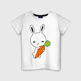 Детская футболка хлопок с принтом Зайчик с морковкой в Екатеринбурге, 100% хлопок | круглый вырез горловины, полуприлегающий силуэт, длина до линии бедер | Тематика изображения на принте: животные | зайка | зайчик | зайчик с морковкой | морковка