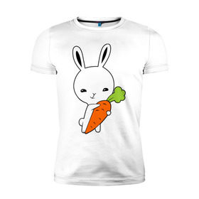 Мужская футболка премиум с принтом Зайчик с морковкой в Екатеринбурге, 92% хлопок, 8% лайкра | приталенный силуэт, круглый вырез ворота, длина до линии бедра, короткий рукав | животные | зайка | зайчик | зайчик с морковкой | морковка
