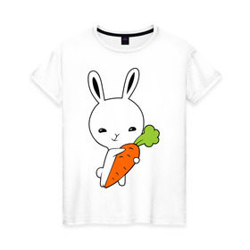 Женская футболка хлопок с принтом Зайчик с морковкой в Екатеринбурге, 100% хлопок | прямой крой, круглый вырез горловины, длина до линии бедер, слегка спущенное плечо | животные | зайка | зайчик | зайчик с морковкой | морковка