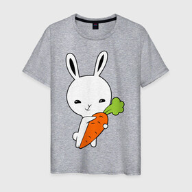 Мужская футболка хлопок с принтом Зайчик с морковкой в Екатеринбурге, 100% хлопок | прямой крой, круглый вырез горловины, длина до линии бедер, слегка спущенное плечо. | Тематика изображения на принте: животные | зайка | зайчик | зайчик с морковкой | морковка