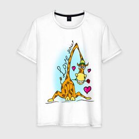 Мужская футболка хлопок с принтом Love you в Екатеринбурге, 100% хлопок | прямой крой, круглый вырез горловины, длина до линии бедер, слегка спущенное плечо. | Тематика изображения на принте: love you | жираф | жирафик | люблю тебя | роза | сердечки | сердце