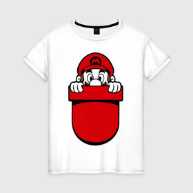 Женская футболка хлопок с принтом Марио в кармане в Екатеринбурге, 100% хлопок | прямой крой, круглый вырез горловины, длина до линии бедер, слегка спущенное плечо | nintendo | марио | нинтендо