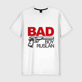 Мужская футболка премиум с принтом Плохой мальчик Руслан в Екатеринбурге, 92% хлопок, 8% лайкра | приталенный силуэт, круглый вырез ворота, длина до линии бедра, короткий рукав | rus | ruslan | имена | имя | мальчик | парень | рус | руслан