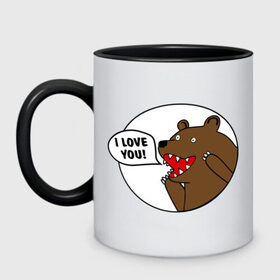 Кружка двухцветная с принтом Медведь - я люблю тебя в Екатеринбурге, керамика | объем — 330 мл, диаметр — 80 мм. Цветная ручка и кайма сверху, в некоторых цветах — вся внутренняя часть | i | love | you | люблю | любовь | медвед | медведь