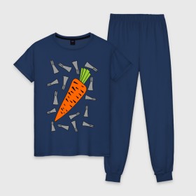 Женская пижама хлопок с принтом морковка и кролик парная в Екатеринбурге, 100% хлопок | брюки и футболка прямого кроя, без карманов, на брюках мягкая резинка на поясе и по низу штанин | 14 февраля | все | день святого валентина | для двоих | идеи подарков | морковка и кролик | парные